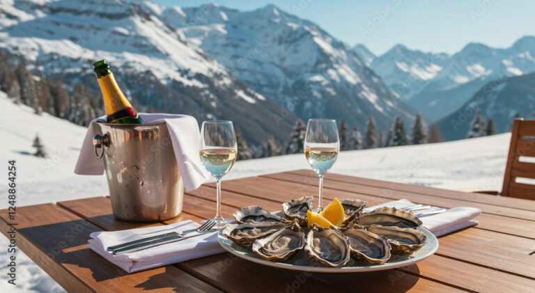 Oysters and champagne, luxury lunch with mountain view in Alps, gourmet food and drink in snow, winter vacation