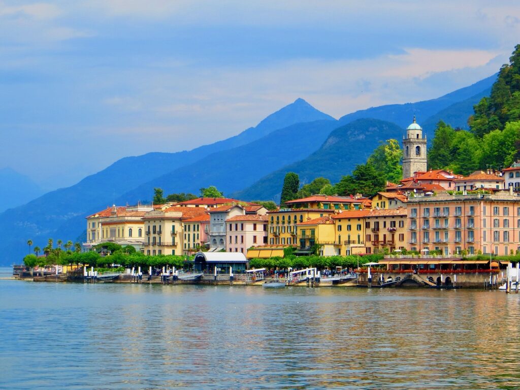 italy, bellagio, port, water, lake como, logo di como, como, lake, landscape, blue, travel, europe, mountain, blue sky, summer, the water, reflections, sky, nature, side