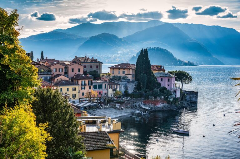 varenna, italy, lake, lake como, nature, como, village, mountain, trees, harbor