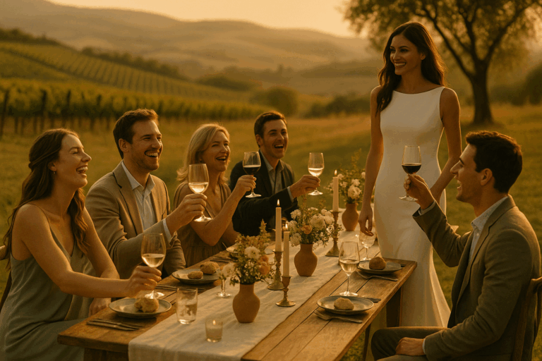Editorial Tuscany vineyard wedding with long table dinner at golden hour, styled with florals and guests enjoying the rolling hills view.